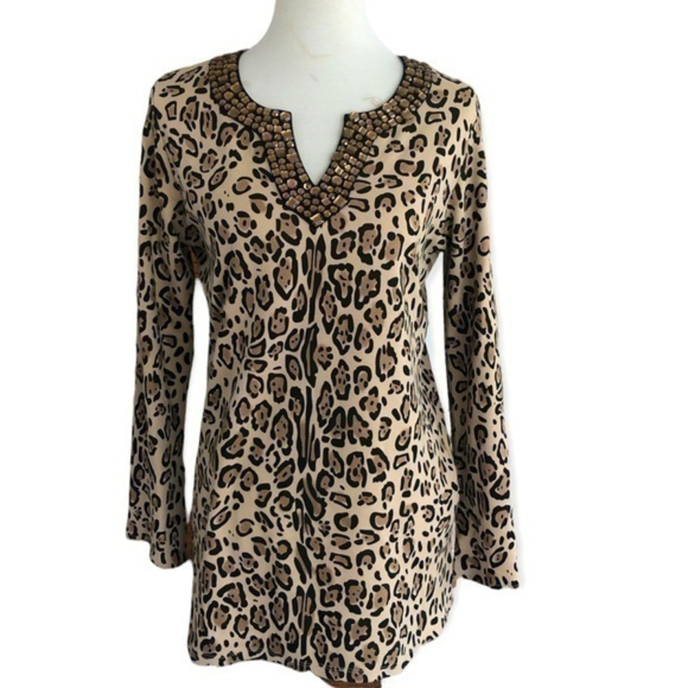 DH 2 by Diane Gilman Leopard print long sleeved jeweled neck top tunic style top
